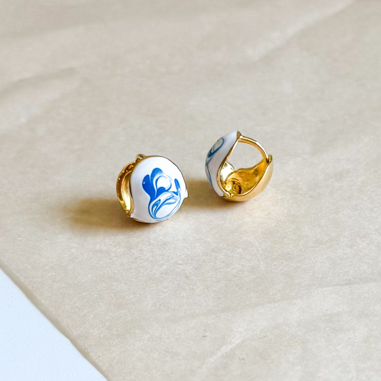 Blue and Porcelain Hoop Earrings